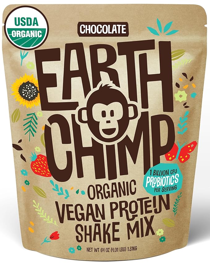 EarthChimp Organic Vegan Protein Powder - with Probiotics - Non GMO, Dairy Free, Non Whey, Plant Based Protein Powder for Women and Men, Gluten Free - 52 Servings, 64 Oz (Chocolate)