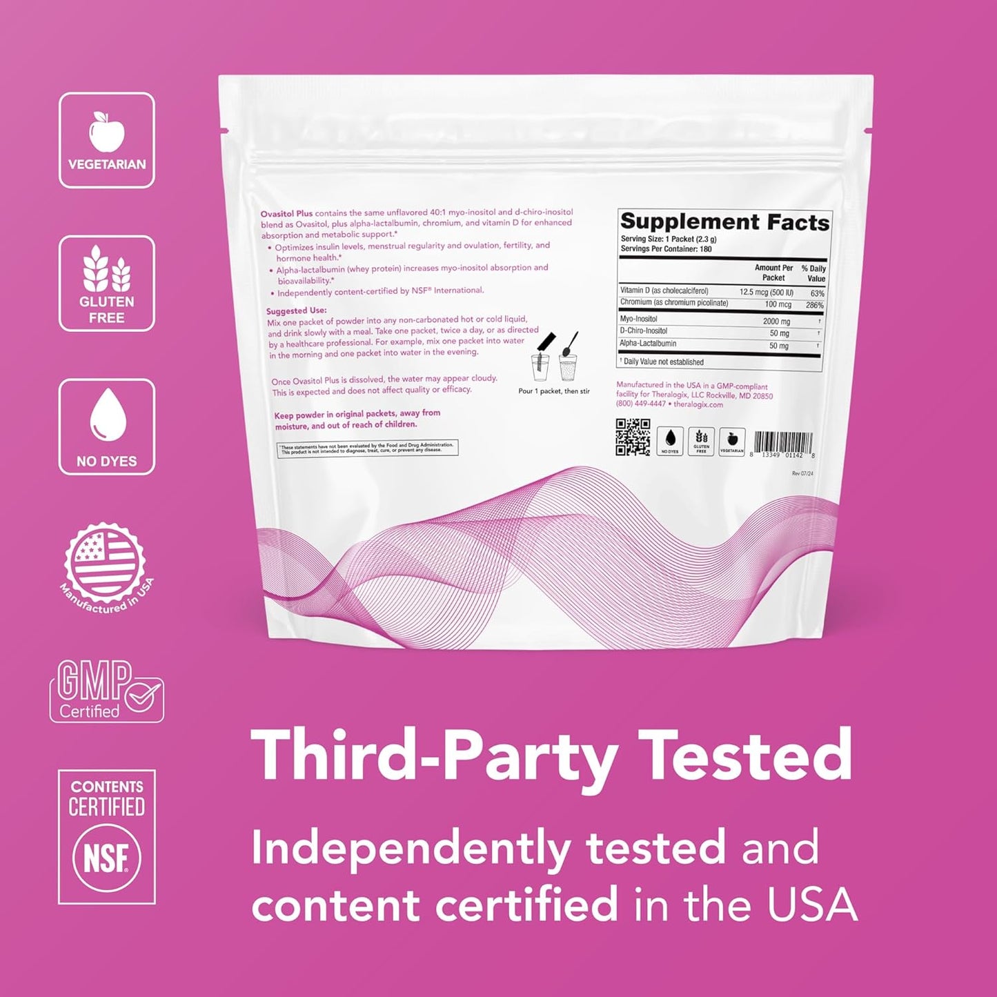 Theralogix Ovasitol Plus Metabolic Health Supplement - Myo-Inositol & D-Chiro Inositol+Chromium Picolinate+Alpha-lactalbumin & Vitamin D - 90-Day Supply - Unflavored - 180 Count