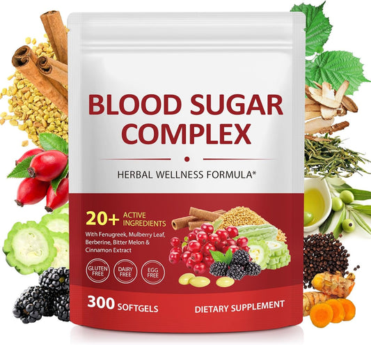 300 Softgels Blood Sugar Complex Supplement | 20+ Active Natural Herbs-Cinnamon, Bitter Melon, Mulberry Leaf, Fenugreek, Berberine, Vitamins for Energy Level, Vitality Support | Clean Ingredients