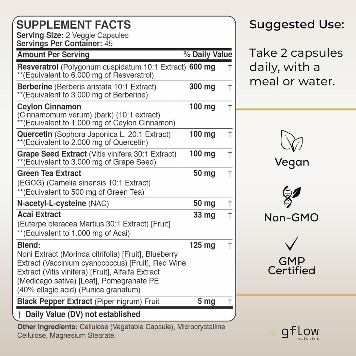 Resveratrol Supplement - 6000mg Max Strength with Berberine 3000mg Ceylon Cinnamon 1000mg Quercetin 2000mg, n Acetyl cysteine, Green Tea Extract, Acai - 14-in-1 Complex, 100% Natural