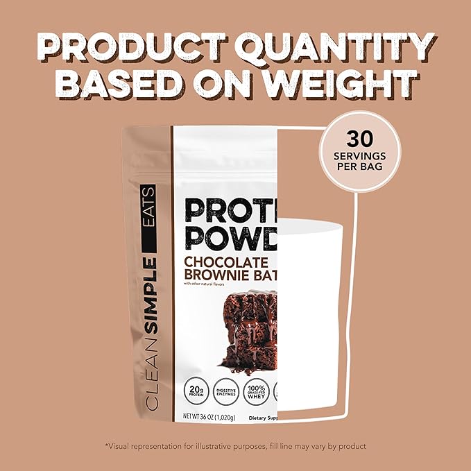 Clean Simple Eats Whey Protein Powder, Chocolate Brownie Batter Flavor Naturally Sweetened, 100% Grass Fed Protein Powder with Digestive Enzymes & No Artificial Ingredients, Gluten Free, 30 Servings