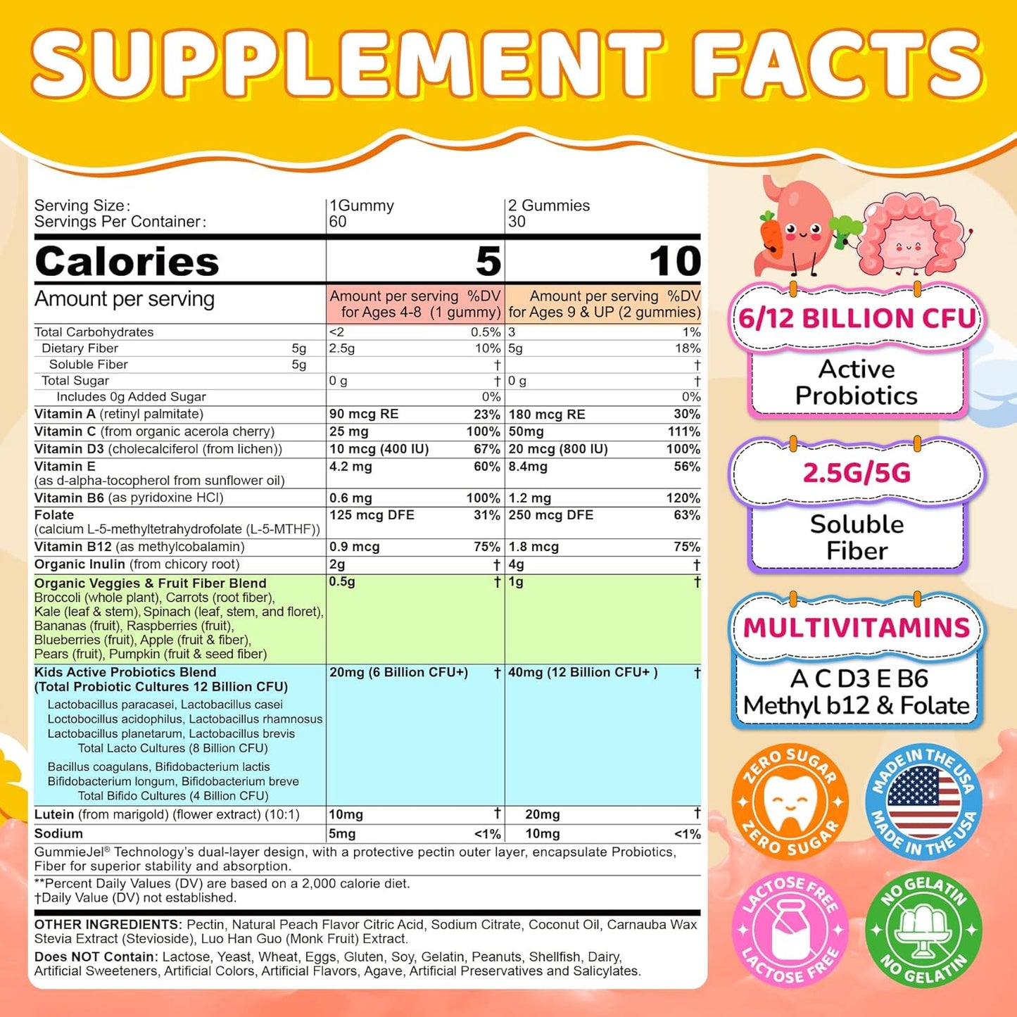 2Pack Probiotics for Kids Teen + Veggie & Fruit Fiber Gummies, with 12 Billion CFU Probiotic, Organic Inulin Prebiotics Fiber, Methyl B12 B6 C for Children's Digestive & Gut, Immune Health, Sugar Free