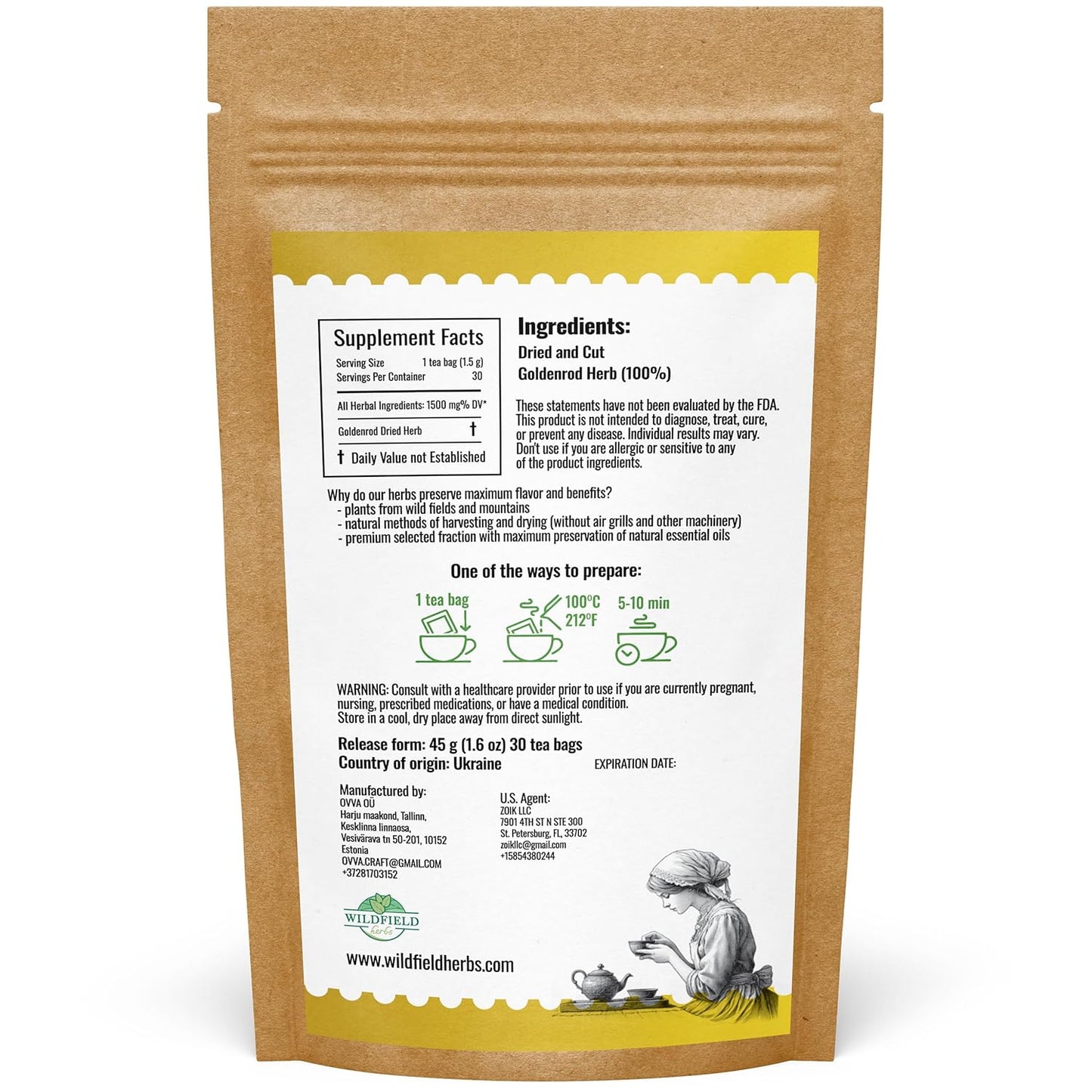 30 Bags Goldenrod Tea Herb Golden Root (Solidago virgaurea L.) - 45g Dried Golden Rod Herbs Herbal Tea