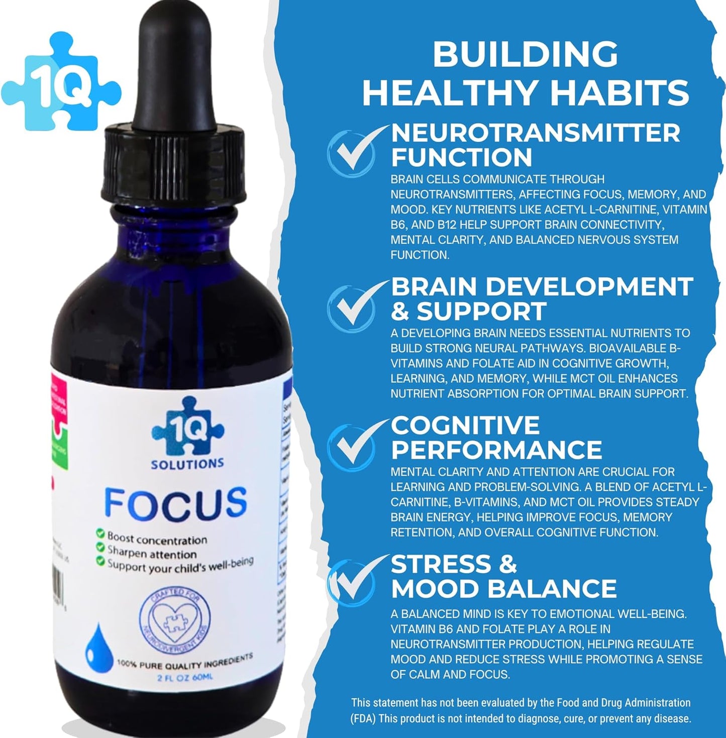 1Q Focus – Liquid Cognitive & Brain Support Drops for Kids | Acetyl L-Carnitine + B1, B6, B12 & Folate | Sugar-Free, Vegan, Non-GMO, Gluten-Free | Advanced Absorption | 2 fl oz 30 Servings