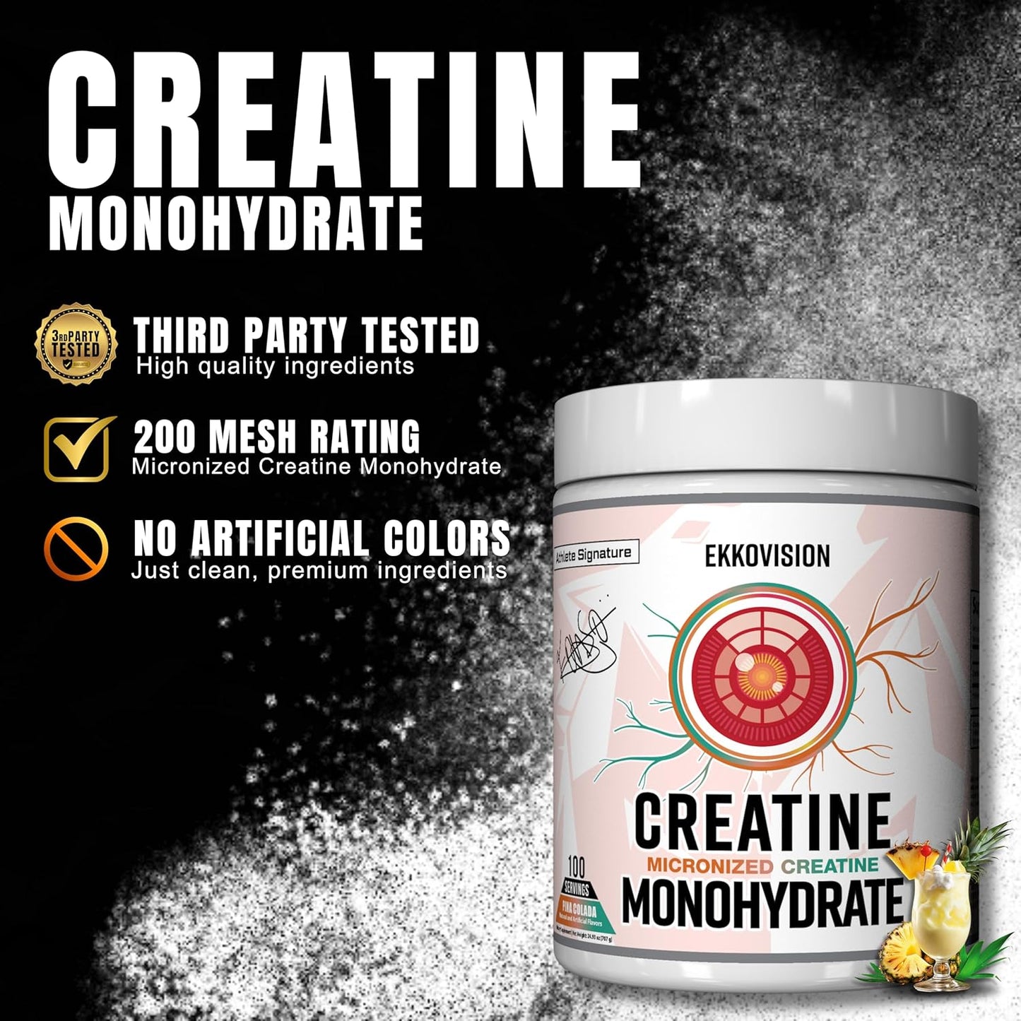 Creatine Monohydrate Powder, Micronized, Pina Colada, Pre Workout & Post Workout Supplement for Men & Women, Energy Support, Easy to Mix in Shakes, Smoothies & Beverages, 100 Servings