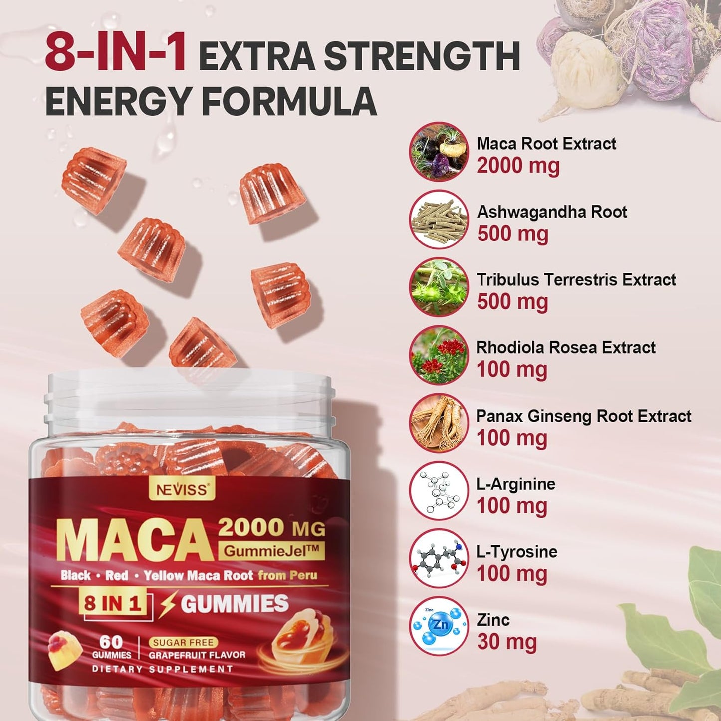 2 Pack Sugar Free Maca Root Gummies 2000mg with Ashwagandha, Tribulus Terrestris, Rhodiola, Panax Ginseng, L Arginine & L Tyrosine - Organic Black Red Yellow Maca Root for Women Men Energy Support