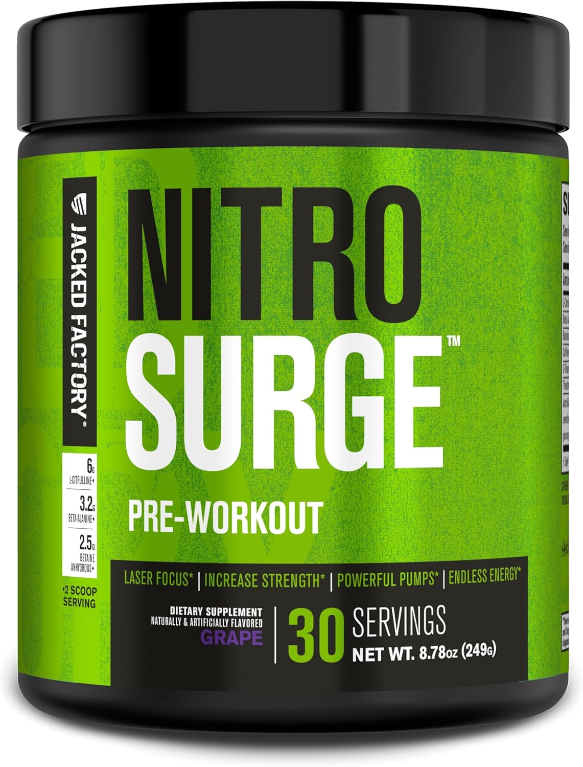 Jacked Factory NITROSURGE Pre Workout Supplement - Endless Energy, Instant Strength Gains, Clear Focus, Intense Pumps - Nitric Oxide Booster & Powerful Preworkout Energy Powder - 30 Servings, Grape