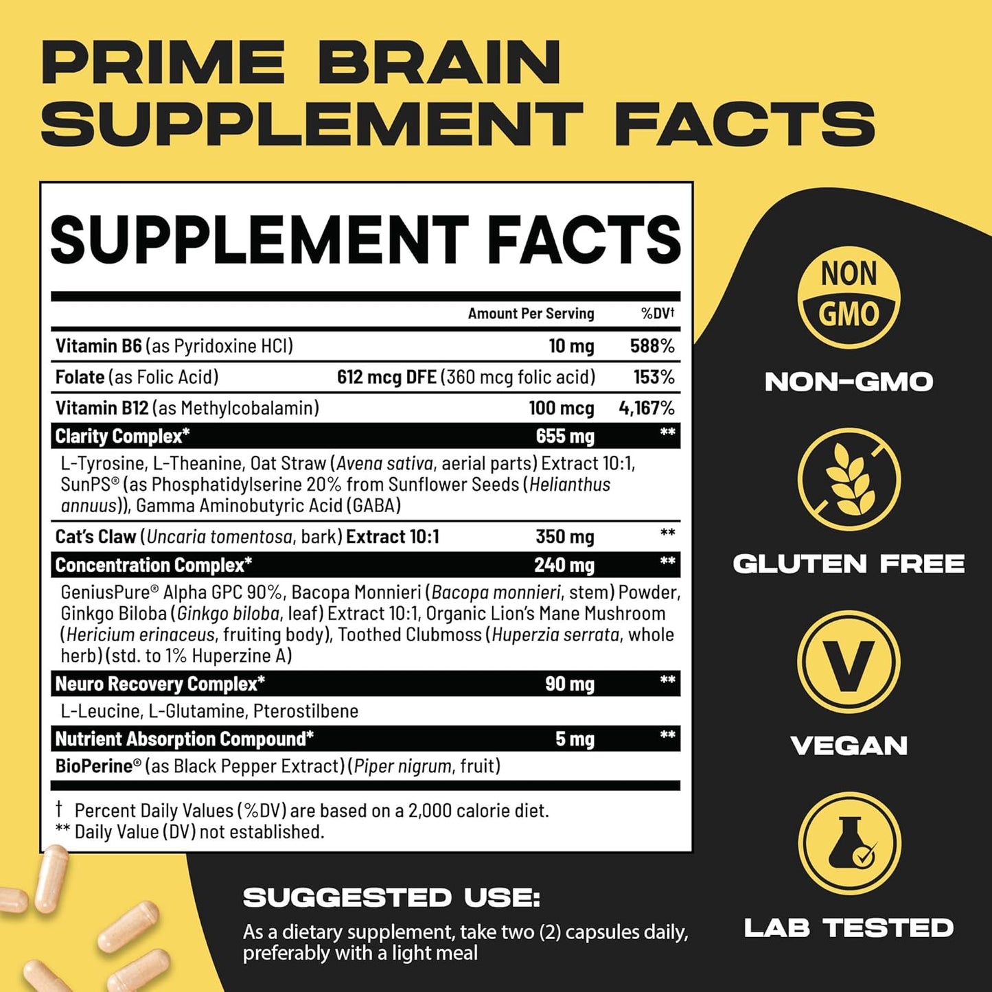 Prime Brain Nootropic Supplement | Supports Memory, Mental Focus, Cognitive Health & Energy | Promotes Healthy Mood & Brain Function | Ginkgo Biloba, Lion's Mane & L Theanine | 180 Capsules