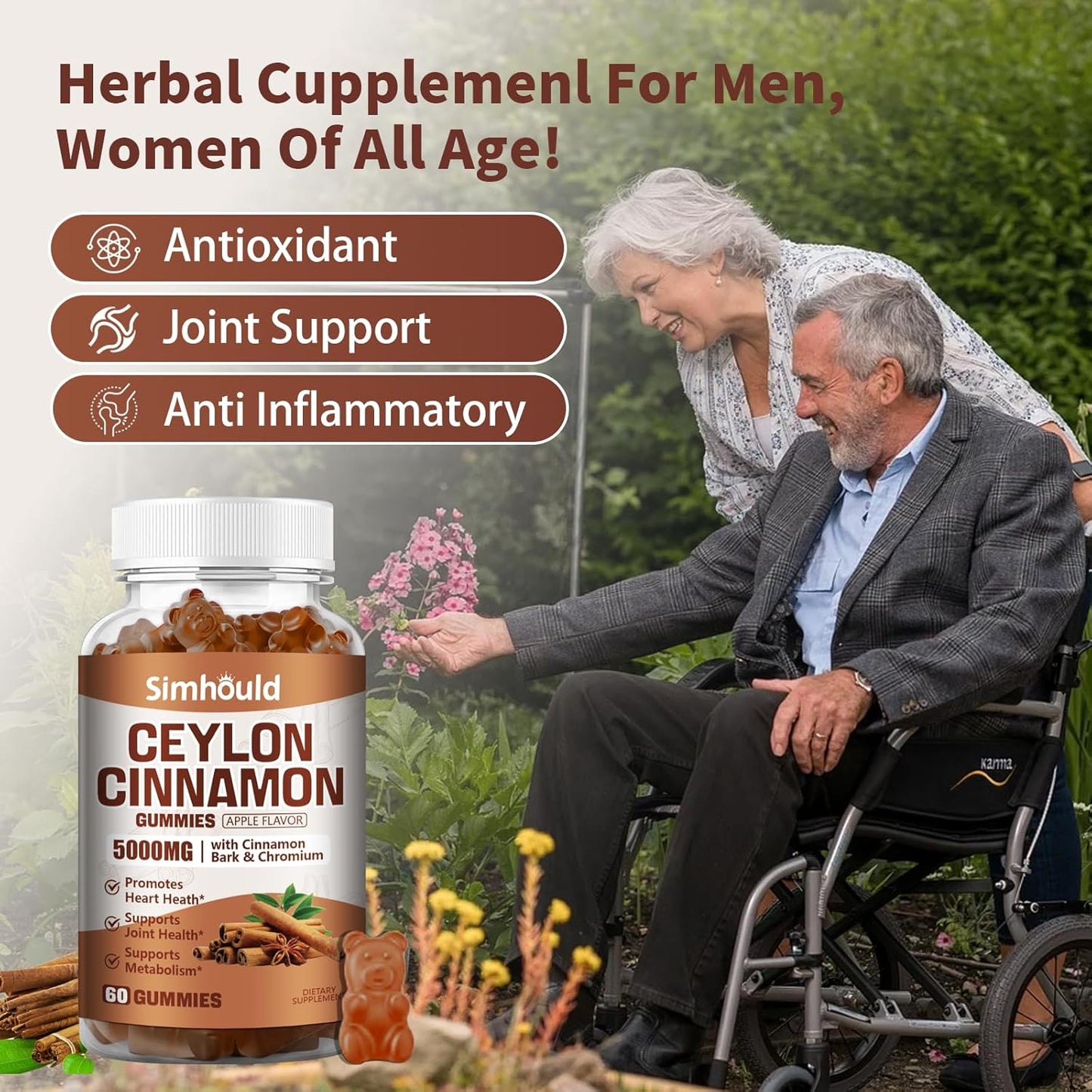 1 Pack Ceylon Cinnamon Gummies 5000MG with Ceylon Cinnamon & Cassia,Joint Support,Cinnamon Supplement & Brain Health,Vegan,Gluten-Free,Cinnamon Apple Flavor,60 Gummies.