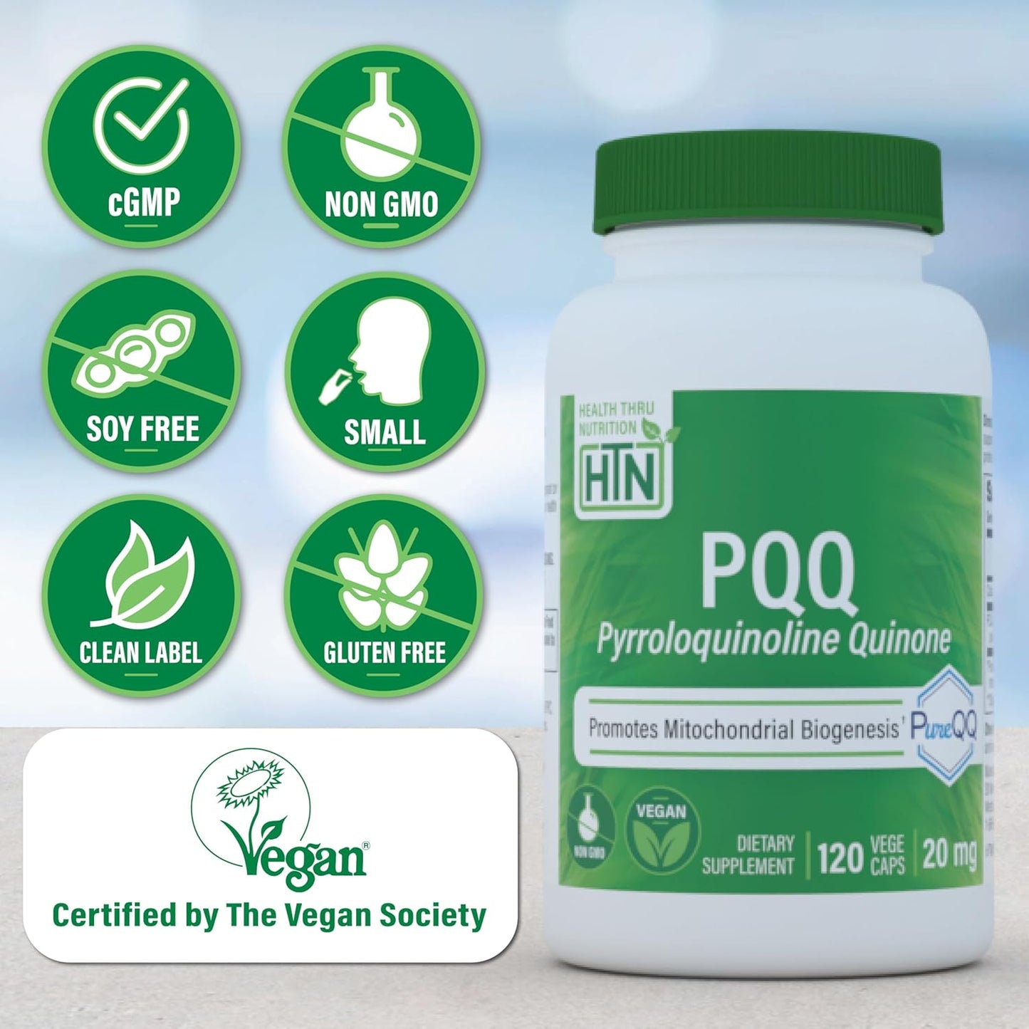 Health Thru Nutrition PQQ 20mg 120 Servings Pyrroloquinoline Quinone as PureQQ | Promotes Mitochondrial Biogenesis | Certified Vegan | Non-GMO Gluten Soy Free Capsules| Clean Label PQQ Supplement