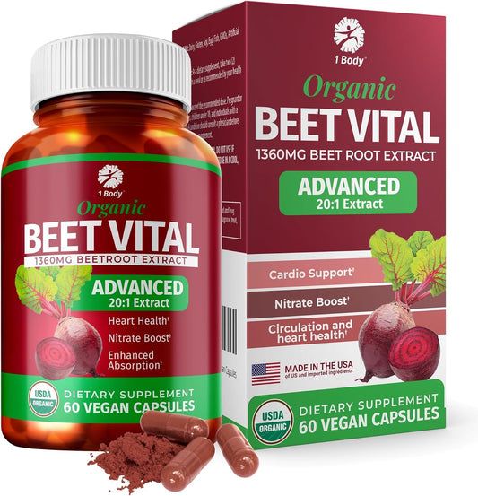 1 Body Beet Vital, Organic Beetroot Capsules for Circulation, Energy, & Stamina, Nitric Oxide Booster Beets Supplements with 1360mg Beetroot Extract, Vegan, Non-GMO - Beet Root Supplements, 60 Count