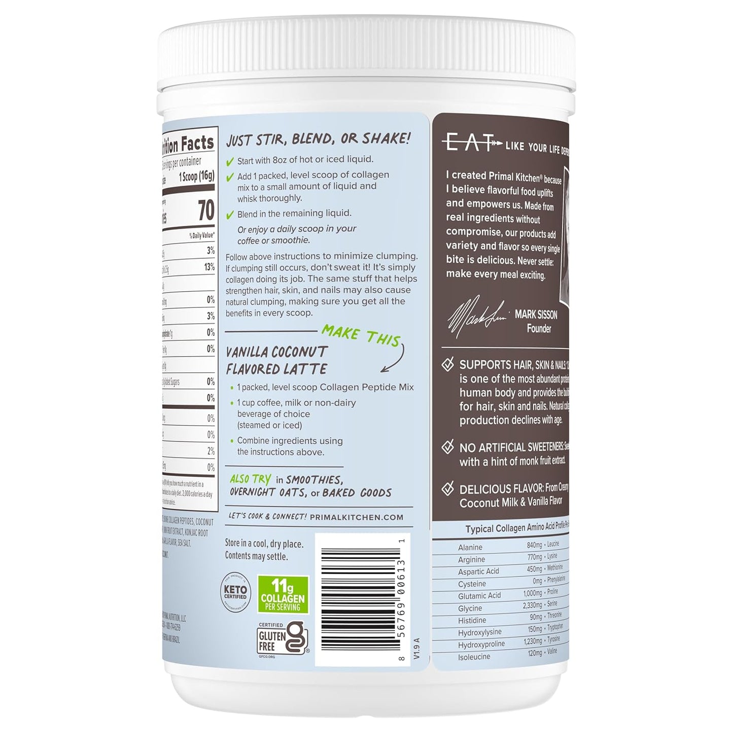 Primal Kitchen Vanilla Collagen Fuel® Drink Mix, Vanilla Coconut Collagen Peptides, No Dairy or Artificial Sweeteners, 14.4 Ounces