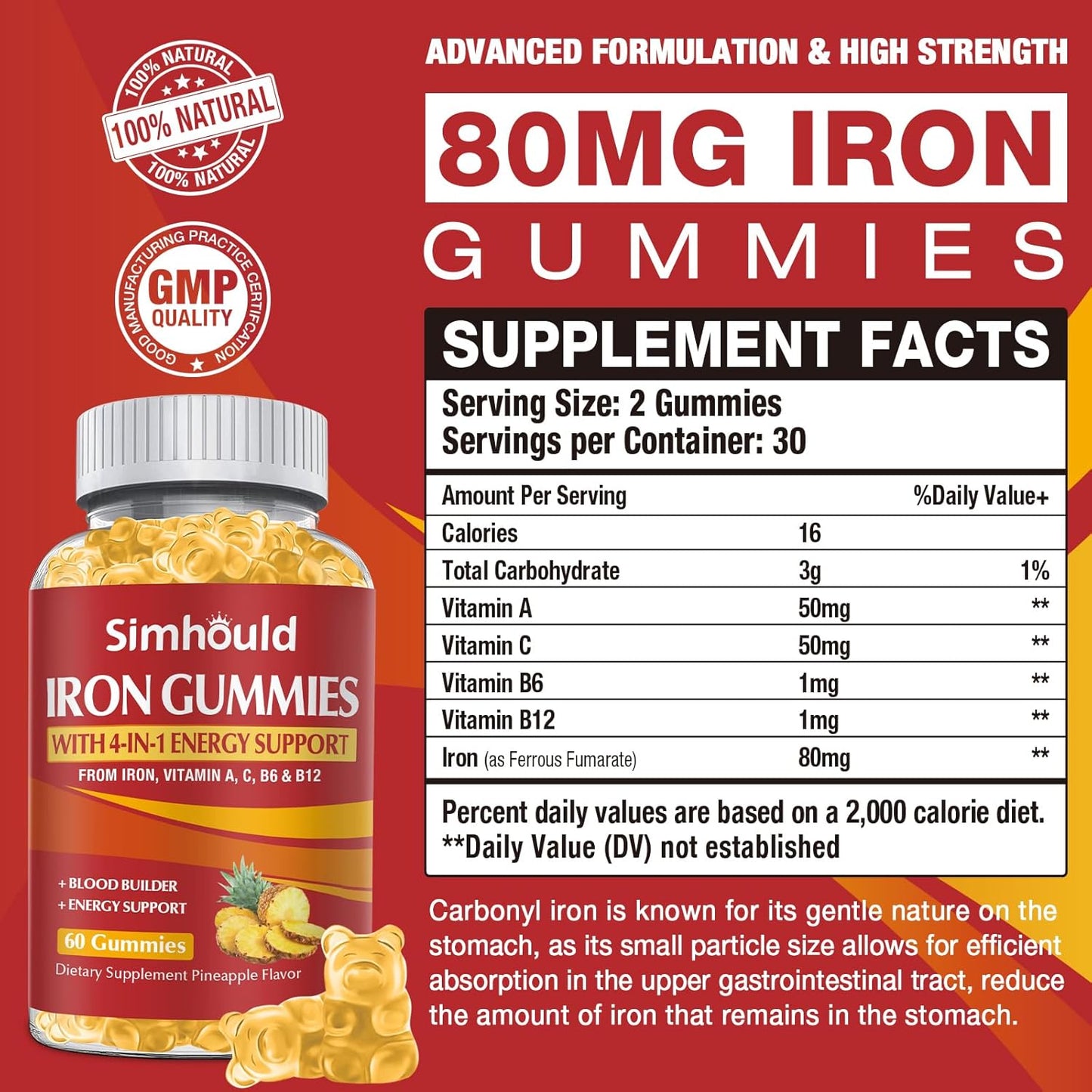 2 Pack Vegan 80MG Iron Supplement Gummies for Women & Men - Vitamin A, C, B for Adults & Kids - Blood & Builder & Energy Support for Iron Deficiency, Anemia, 120 Counts Pineapple Flavor Gummies