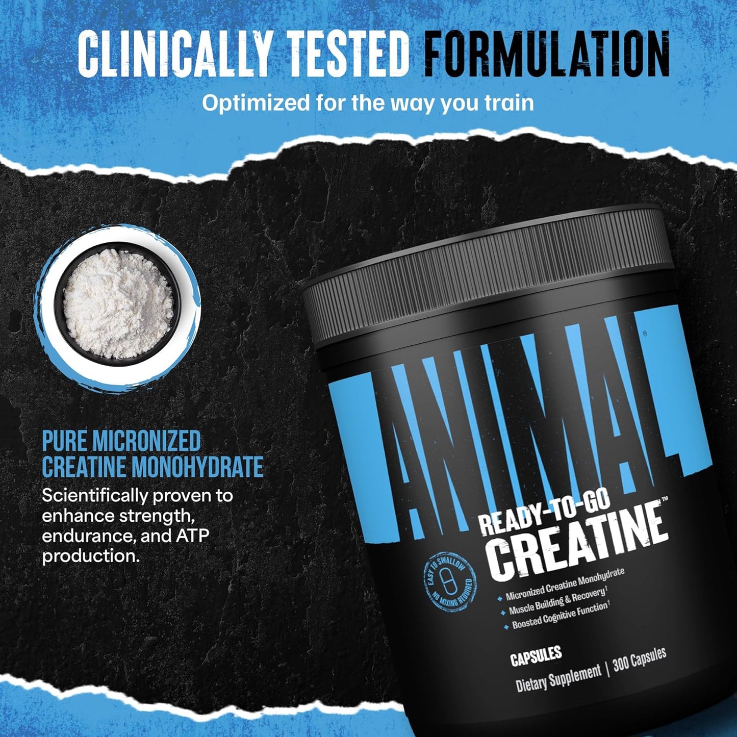 Animal Micronized Creatine Monohydrate Capsules - 300 Caps, 2500mg per Serving for Muscle Growth, Strength, and Endurance