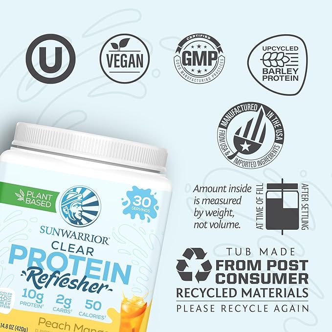 Sunwarrior Clear Protein Powder Plant-Based Water Mix, Vegan and Refreshing Protein and Hydration Supplement 10g Per Serving Peach Mango Flavored 420g Tub 30 Servings