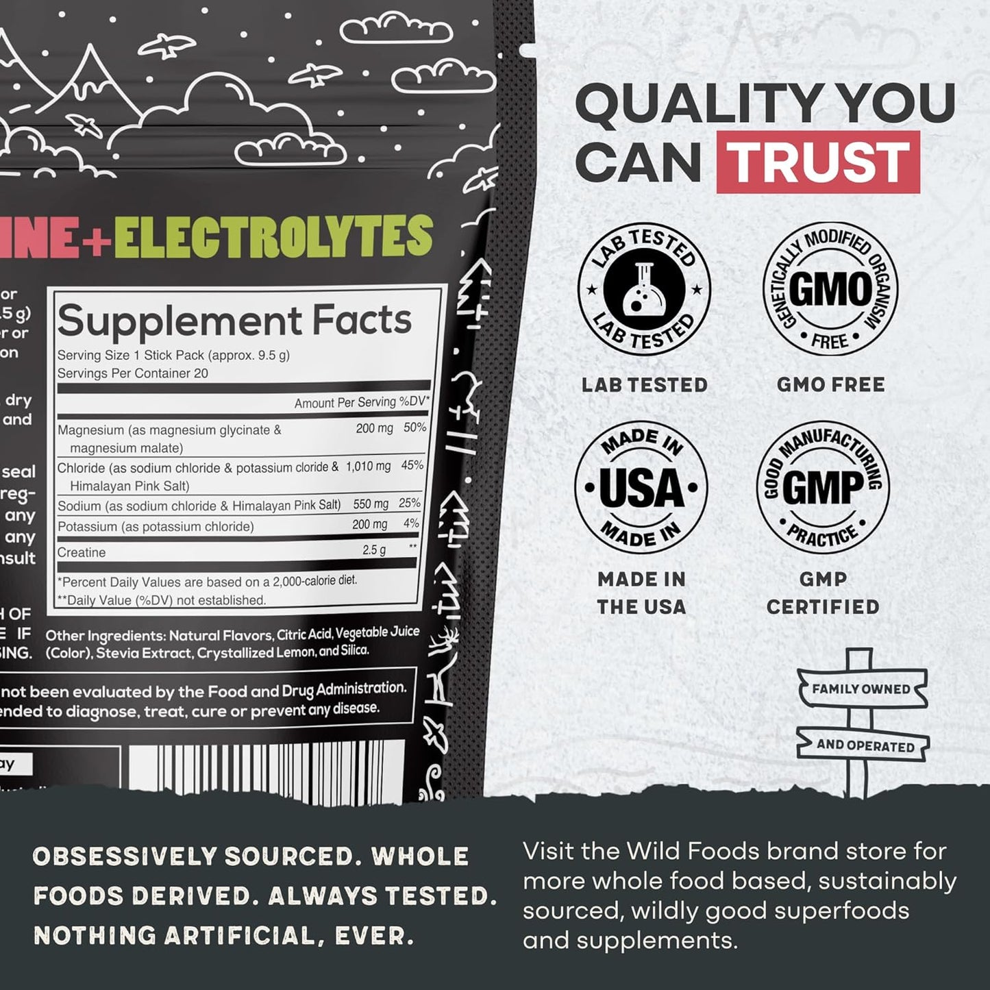 Wild Foods Creatine & Electrolytes Powder Packets, Dragonfruit, 20 Hydration Packets (9.5 g/serv.), with Magnesium Glycinate, Malate, Pink Salt, Pre-Workout Muscle Performance & Electrolyte Support