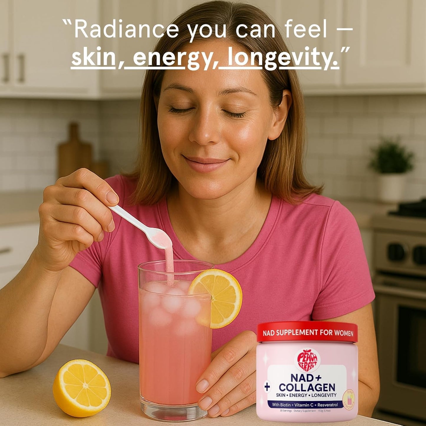 NAD Supplements for Women – Liposomal NAD+ Collagen Powder, 500mg NAD, Resveratrol, Vitamin C & Biotin – NMNH Alternative for Healthy Aging & Energy, Hair Skin & Nails – Pink Lemonade Mix, 30 SVG