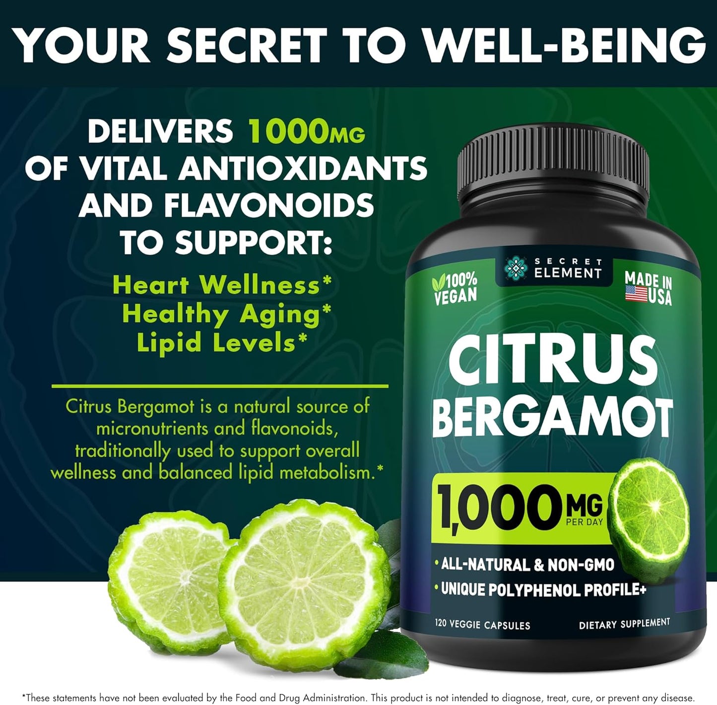 3 Pack Citrus Bergamot Extract 1000mg, Supplement for Heart, Immune System Support, and Healthy Aging - Pure 360 Vegan Capsules