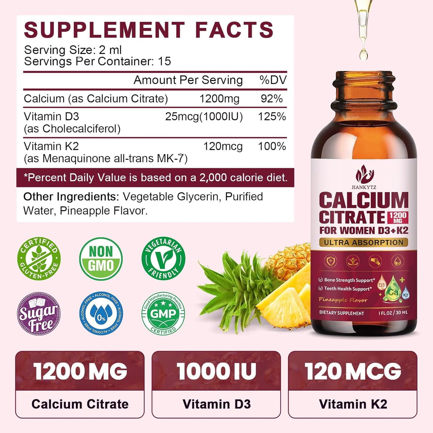 (4 Pack) Calcium Citrate with Vitamin D3 Liquid Drops for Women - Bones, Teeth, Immune Support, 1200mg Calcium Citrate Liquid Drops with Vitamin D3 K2, Vegan, Sugar-Free, 1 Fl Oz