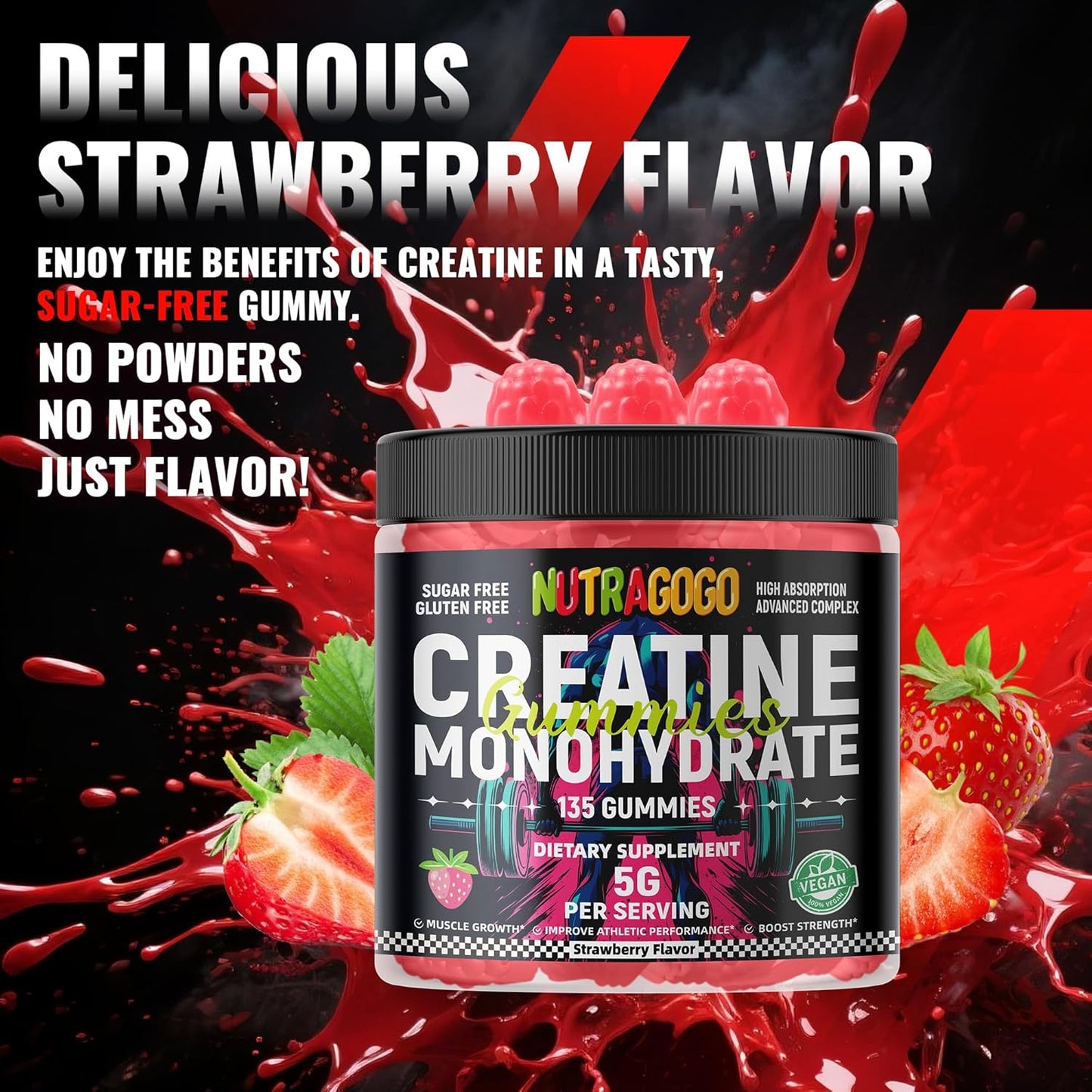 Creatine Monohydrate Gummies for Men & Women-5g of Creatine Monohydrate per Serving - Sugar Free,Vegan, Strawberry Electrolyte Chews, 135 Count