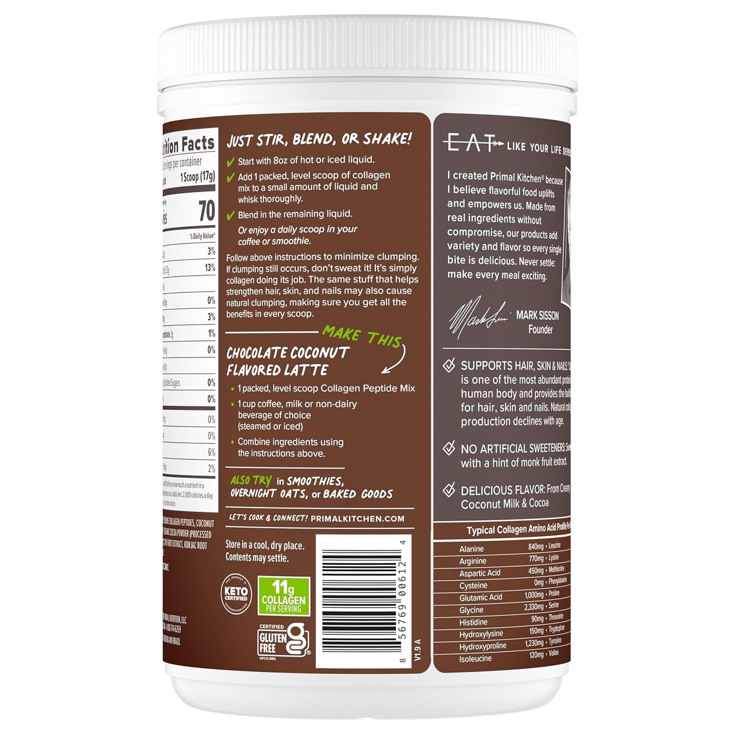 Primal Kitchen Chocolate Collagen Fuel® Drink Mix, Chocolate Coconut Collagen Peptides, No Dairy or Artificial Sweeteners, 15 Ounces
