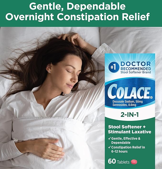 Colace 2-In-1 Stool Softener Plus Stimulant Laxative for Gentle Effective Constipation Relief, Docusate Sodium Plus Sennosides, 60 Count
