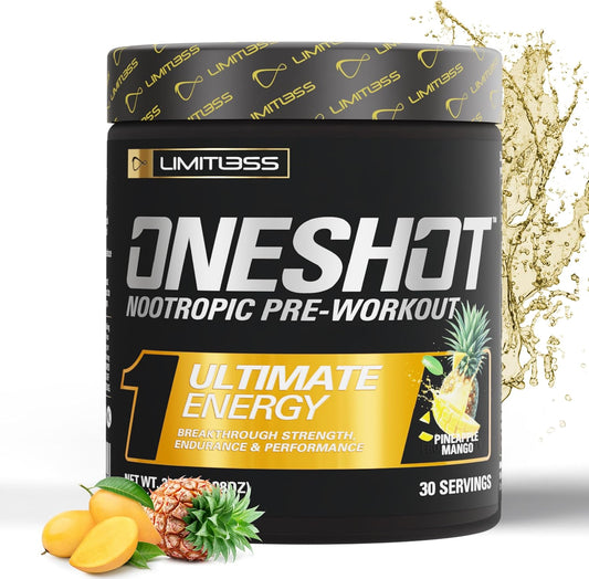 ONESHOT Pre Workout Powder for Men and Women - BCAAS Amino Acids Supplement Powder, 200mg Caffeine, Beta Alanine Powder, Citrulline Malate Preworkout Powder - Pineapple Mango - 30 Servings