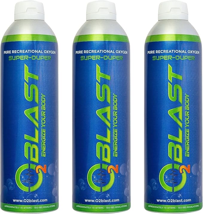 O2 Blast - Pure Oxygen Supplement - Filled with 99.99% Pure Oxygen to Support Fast Recovery, Increase Stamina & Enhanced Focus for High Altitude & Action Sports, 10L Portable Can Flip-Top Cap, 3-Pack