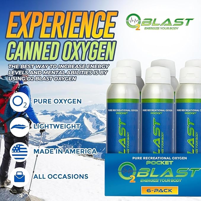 O2 Blast - Pure Oxygen Supplement - Filled with 99.99% Pure Oxygen to Support Fast Recovery, Increase Stamina & Enhance Focus for High Altitude and Action Sports, 4L Portable Can Flip-Top Cap, 6-Pack