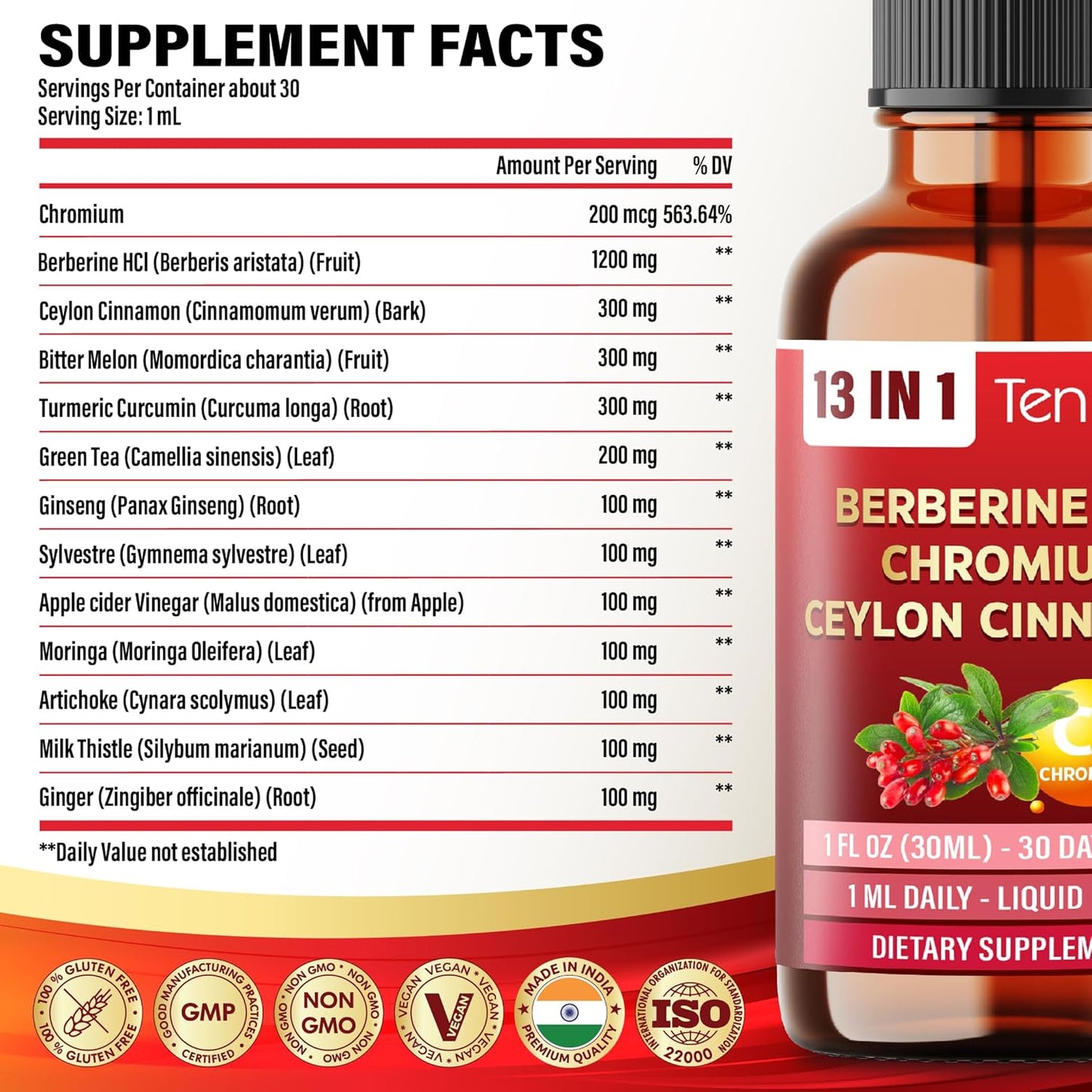 13in1 Berberine Liquid Drops with Chromium, Ceylon Cinnamon, Bitter Melon, Turmeric, Green Tea, Ginseng, Sylvestre, Moringa, Apple Cider Vinegar & More - 30 Days Supply - 1FL Oz