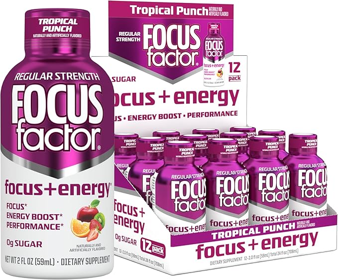 Focus Factor Focus + Energy Shots - 12 x 2oz Bottles (Tropical Punch Flavor) - Powered by Nootropics with Caffeine, L-Theanine, Ginkgo, Bacopa, L-Tyrosine, Alpha GPC