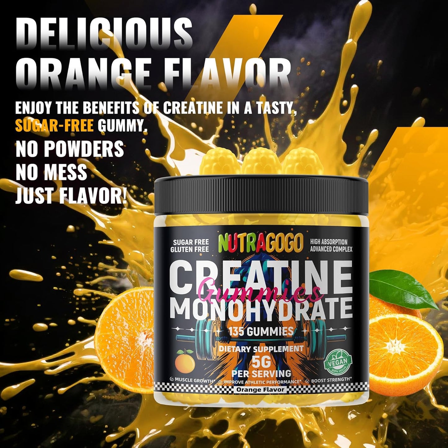 Creatine Monohydrate Gummies for Men & Women-5g of Creatine Monohydrate per Serving - Sugar Free,Vegan, Organe Electrolyte Chews, 135 Count