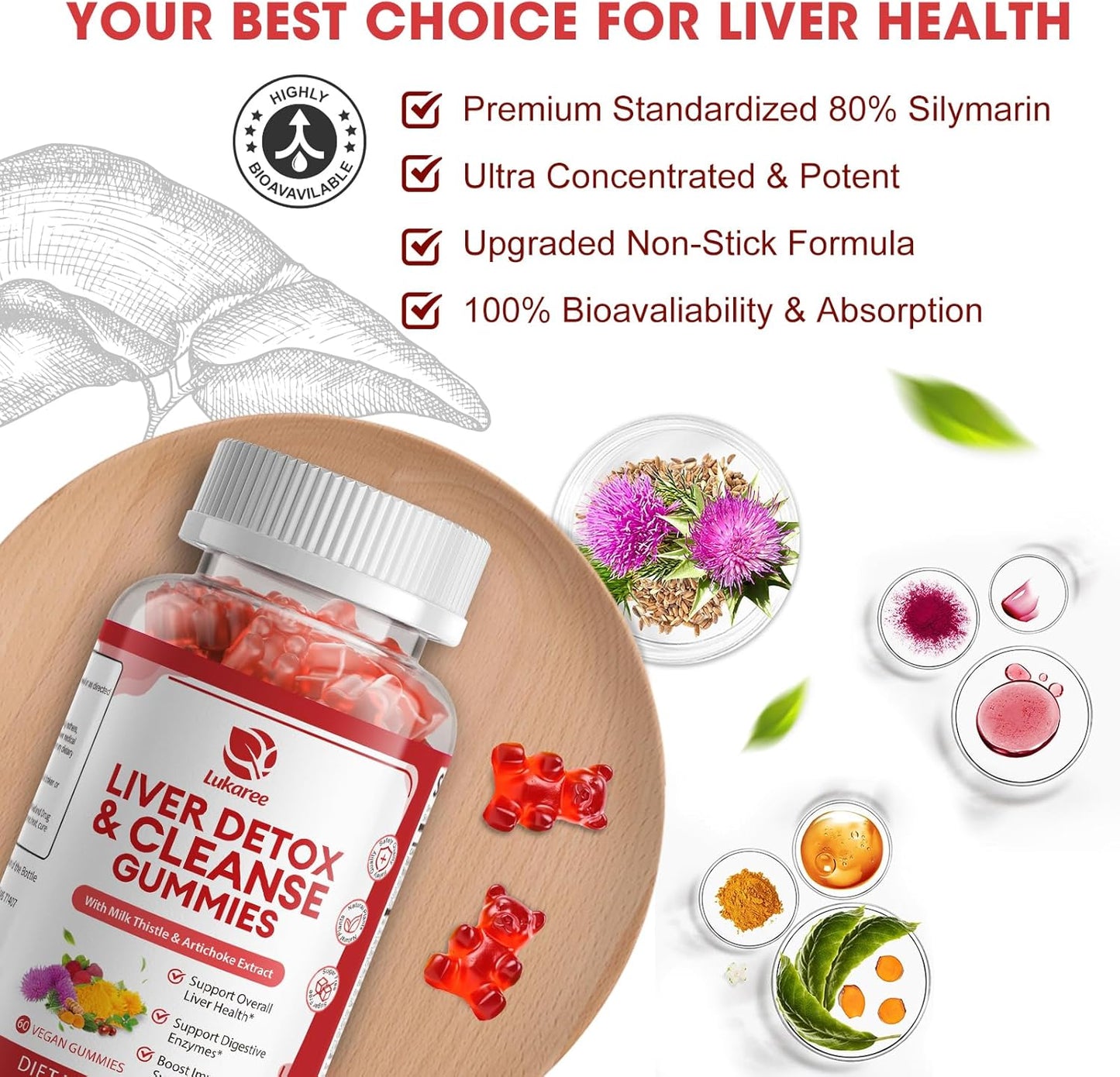 2 Pack Lukaree Liver Cleanse Detox & Repair Gummies | Sugar-free Milk Thistle Supplement w/Dandelion, Artichok & L-Glutathione - Ultra-Concentrated Herbal Liver Support for Men & Women -Vegan,60 Count