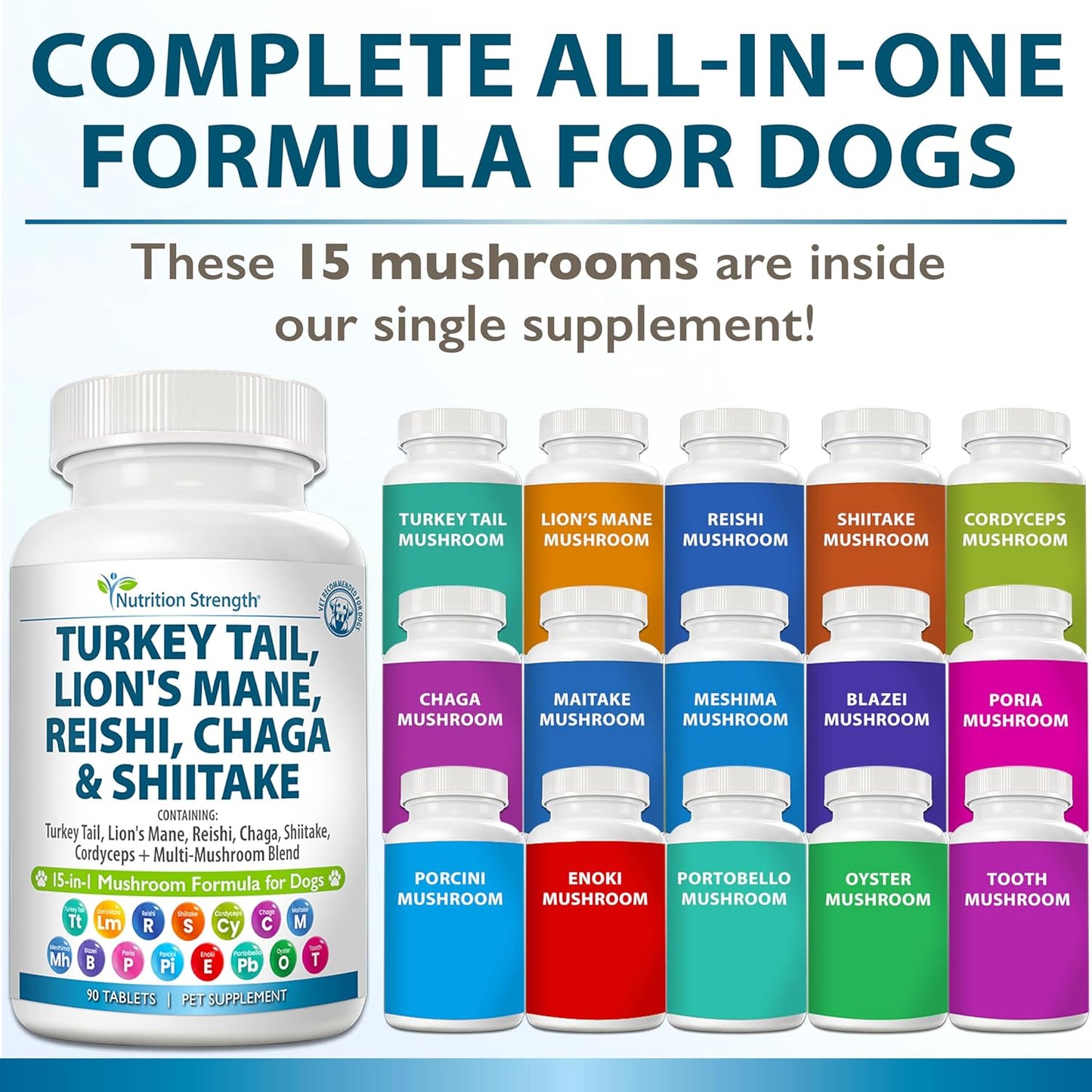 15-in-1 Mushrooms for Dogs Turkey Tail 600mg Lion's Mane 600mg Reishi 600mg Shiitake 500mg Cordyceps 300mg Chaga 300mg Maitake 200mg Meshima Blazei Poria Enoki Portobello 90 Tablets