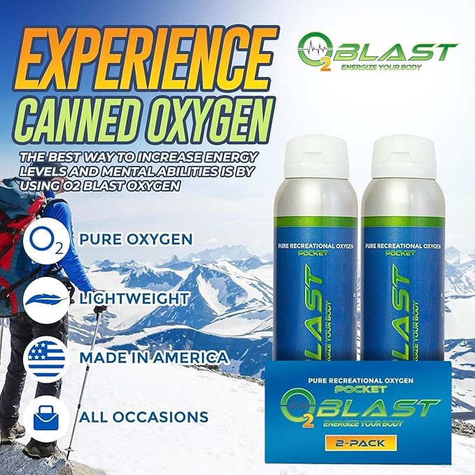 O2 Blast - Pure Oxygen Supplement - Filled with 99.99% Pure Oxygen to Support Fast Recovery, Increase Stamina & Enhance Focus for High Altitude and Action Sports, 4L Portable Can Flip-Top Cap, 2-Pack