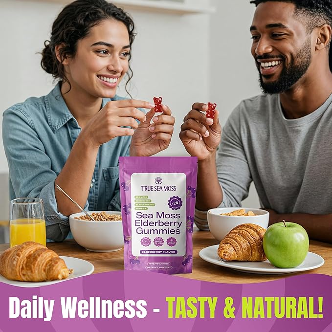 TrueSeaMoss Sea Moss Elderberry Gummies for Adults & Kids – with Burdock Root, Bladderwrack & Magnesium – 60 Gummies (Pouch May Vary)