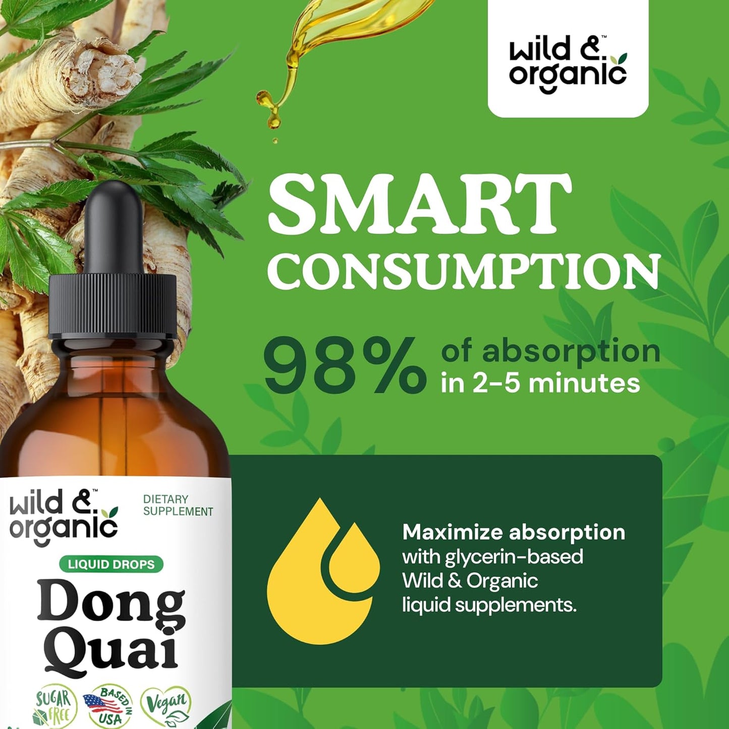 Wild & Organic Dong Quai Supplement for Women - 500 mg Dong Quai Root Extract for Women's Health - Angelica Root Herb Tincture - Female Ginseng Liquid Extract - No Sugar & Alcohol - 4 fl oz