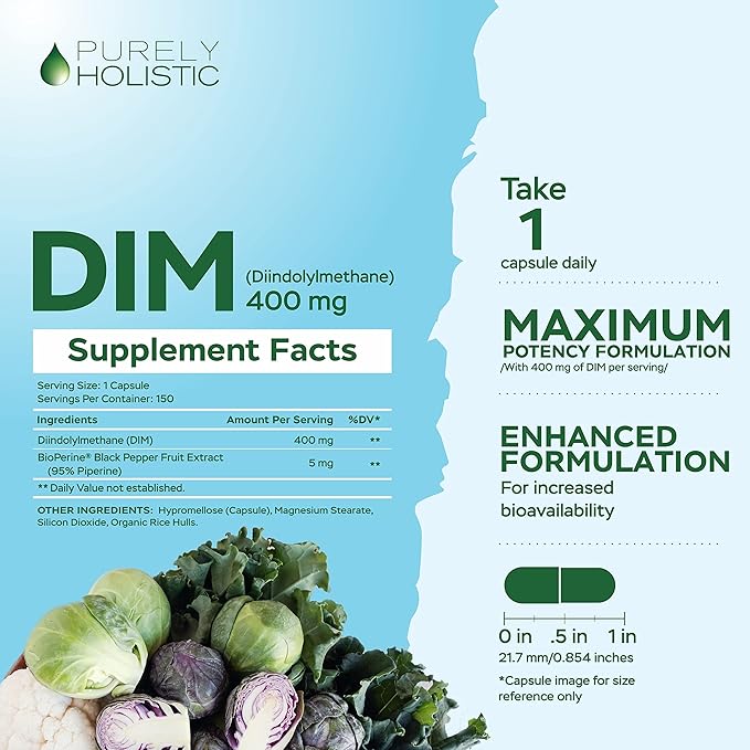 Purely Holistic DIM Supplement 400mg Plus Bioperine - 150 Vegan Capsules - 5 Month Supply - Hormone Balance for Women & Men - High Strength Diindolylmethane