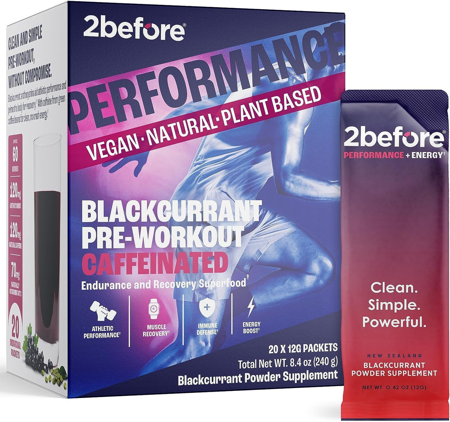 2before All Natural Vegan Pre Workout, with 120mg Caffeine I Clean Energy, Endurance, Recovery I Pre Workout Women and Men I 20 x Individual Packets I Informed Sports Certified I Blackcurrant