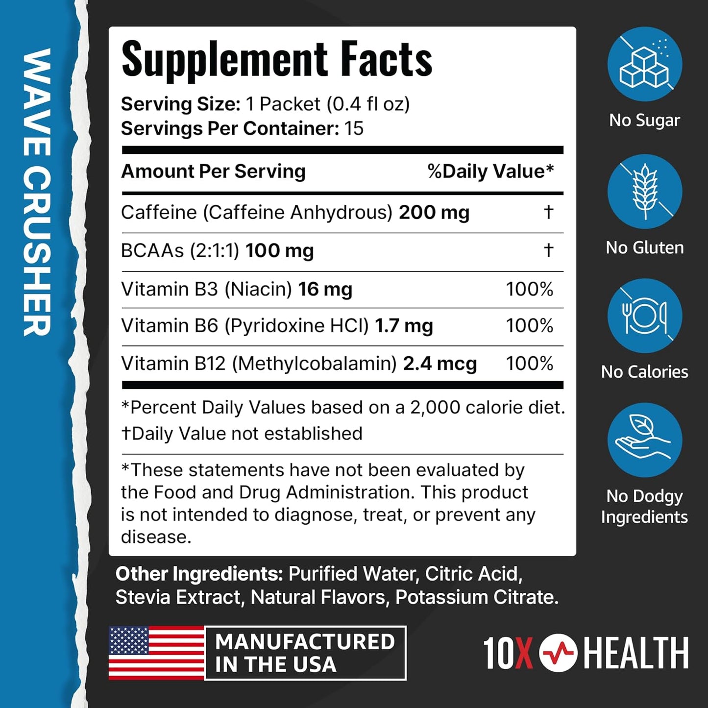 10X Health - Energy Wave Crusher - Energy Drink with 200mg Caffeine, BCAAs, B Vitamins, Accelerated Absorption - Tropical Punch Pre-Workout Drink - 15 Drink Mix Packets (Wave Crusher - Energy)