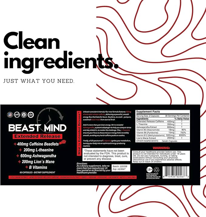 Beast Mind Extended Release Extreme Energy Pills | 400mg XR Caffeine | 600mg Ashwagandha | 200mg Lion's Mane, Increased Energy & Focus, Natural Nootropic Labs