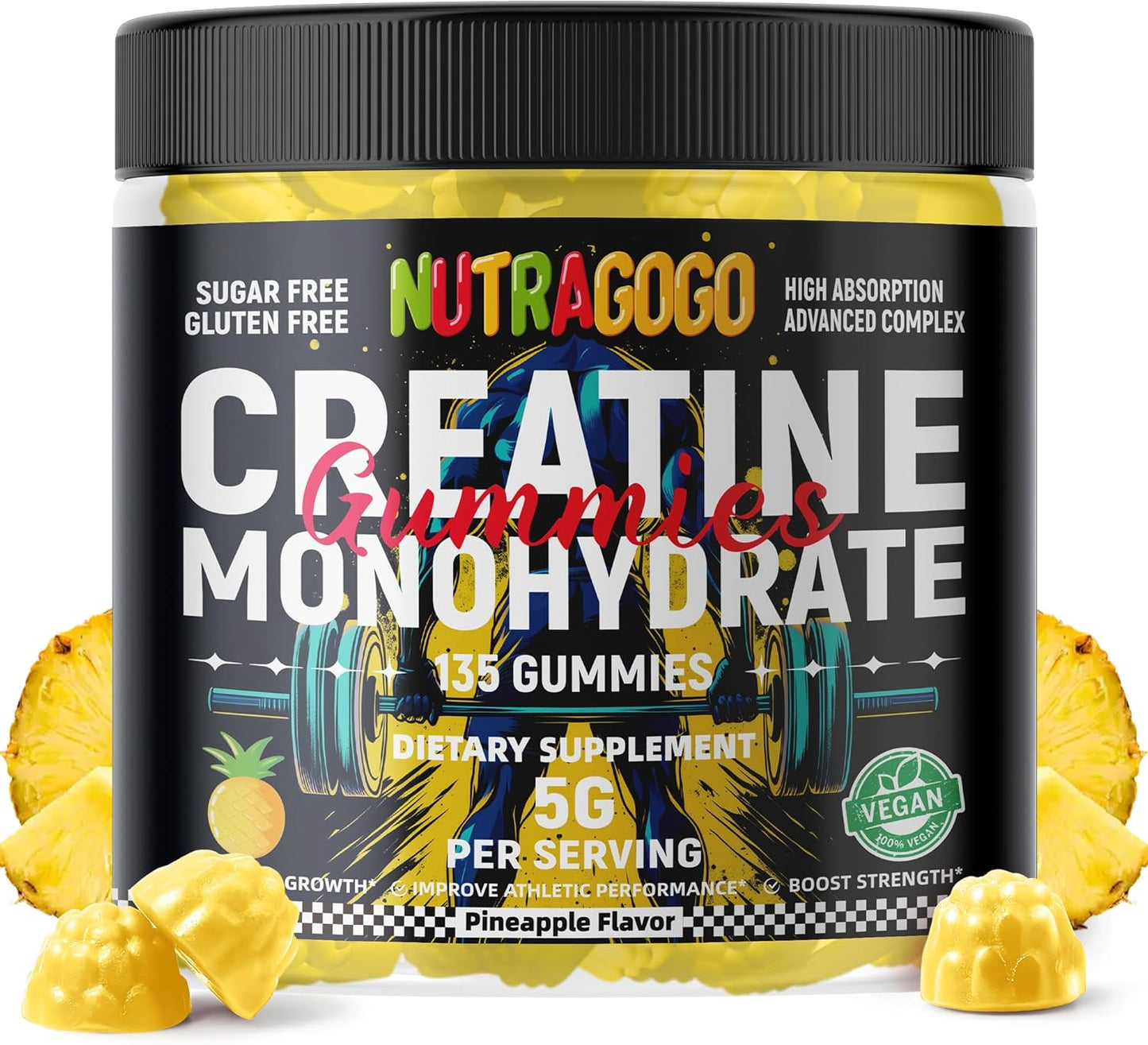 Creatine Monohydrate Gummies for Men & Women-5g of Creatine Monohydrate per Serving - Sugar Free,Vegan, Pineapple Electrolyte Chews, 135 Count