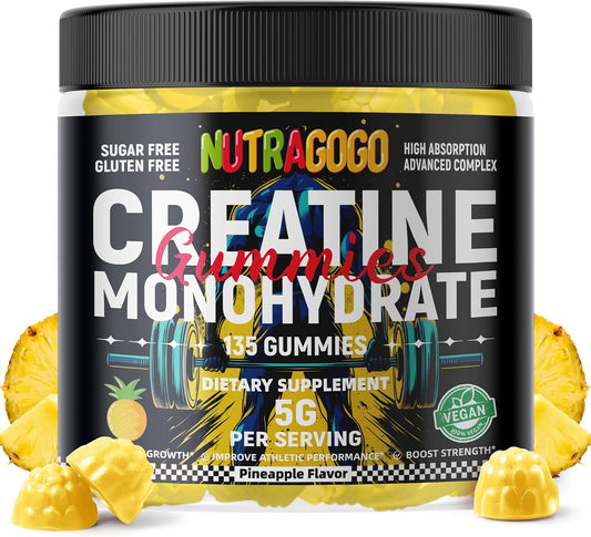Creatine Monohydrate Gummies for Men & Women-5g of Creatine Monohydrate per Serving - Sugar Free,Vegan, Pineapple Electrolyte Chews, 135 Count