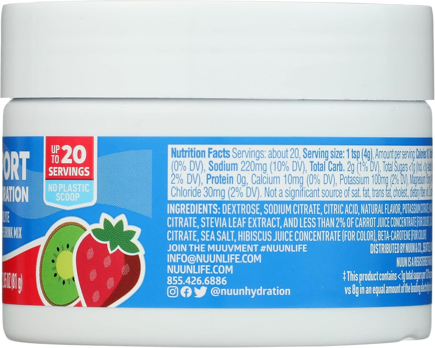 Nuun Sport Electrolyte Powder Drink Mix with Magnesium, Calcium, Potassium, Chloride, and Sodium, Strawberry Kiwi Flavor, Gluten Free & Vegan, Up to 20 Servings