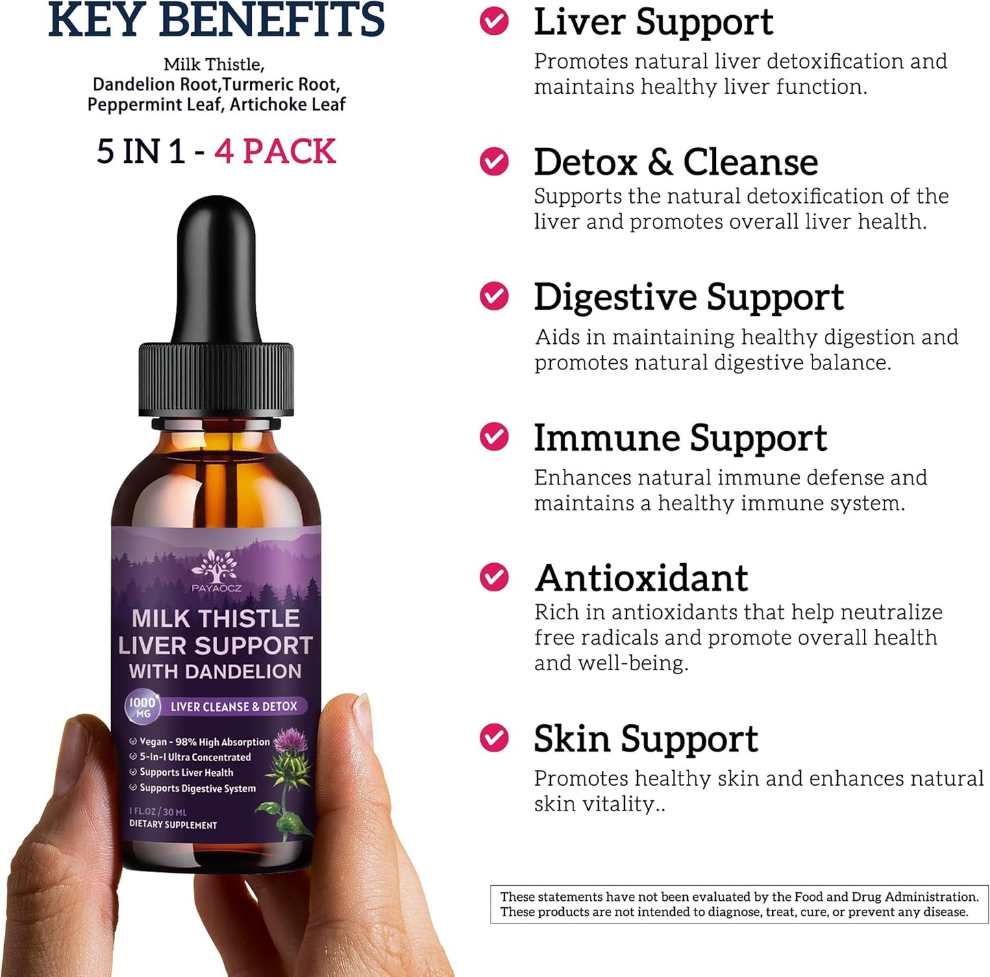 (4 Pack) Milk Thistle Liquid Drops Silymarin 1000mg, Liver Supplement Detox & Cleanse with Dandelion & Artichoke, Milk Thistle Organic Extract for Support Repair Liver Health, Vegan, Non-GMO, 1 Fl Oz