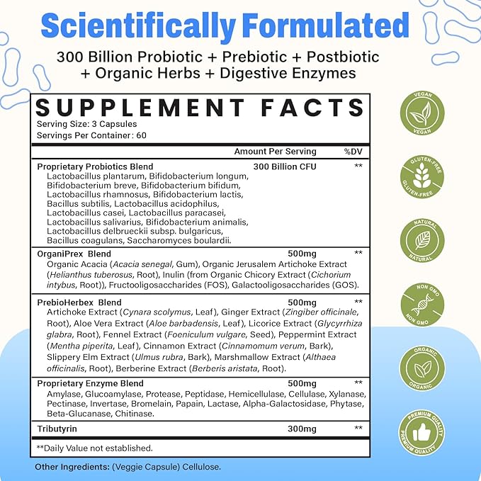 (180 Capsules) Probiotics for Women & Men, 5-in-1 Probiotic, Prebiotic, Postbiotic, Organic Herbs & 16 Digestive Enzymes Blend, 300 Billion CFU, Complete Gut Health, Digestive Health & Immune*
