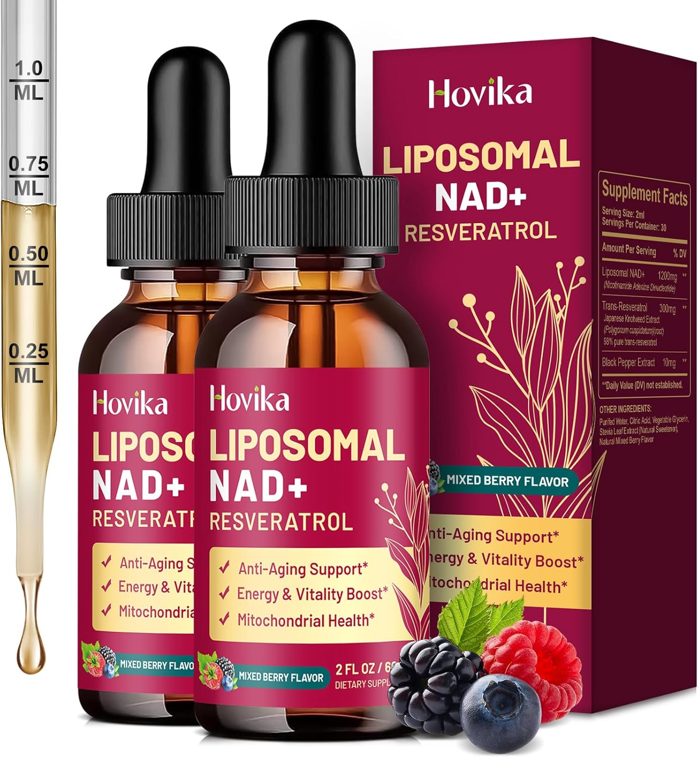 2 Pack Liposomal NAD Supplement - 1200mg NAD+ Liquid Drops for Women & Men with Resveratrol, Black Pepper Extract - Support Anti-Aging, Brain & Cellular Mitochondrial Health - Mixed Berry Flavor