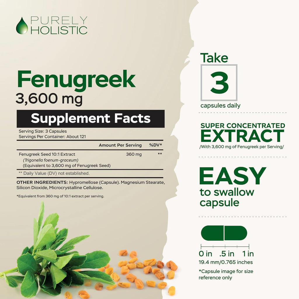 Purely Holistic Fenugreek Capsules 3600mg - 365 Vegan Capsules - Lactation Supplement - from Fenugreek Seeds - Concentrated x10 Extract - Non GMO for Women & Men