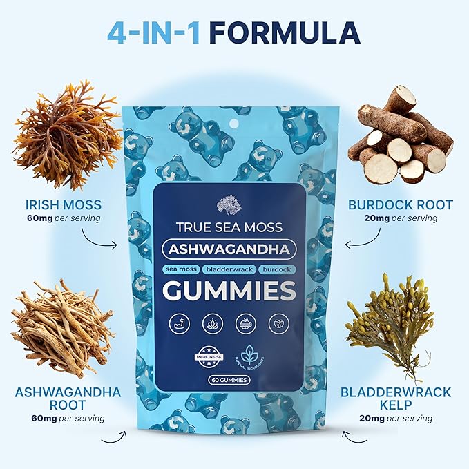TrueSeaMoss Ashwagandha Gummies for Women & Men – Vegan Formula with Sea Moss, Bladderwrack & Burdock Root – 60 Gummies (30-Day Supply)