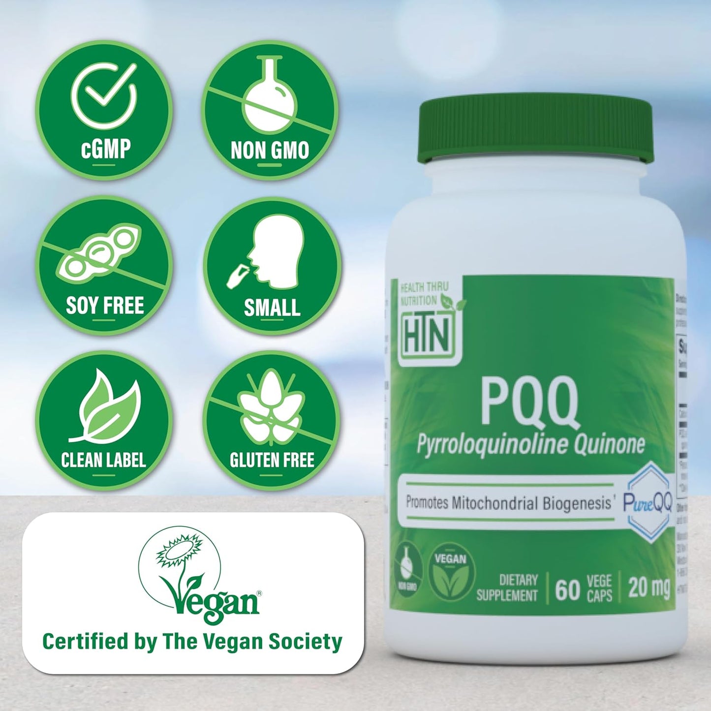 Health Thru Nutrition PQQ 20mg 60 Servings Pyrroloquinoline Quinone as PureQQ | Promotes Mitochondrial Biogenesis | Certified Vegan | Non-GMO Gluten Soy Free Capsules| Clean Label PQQ Supplement